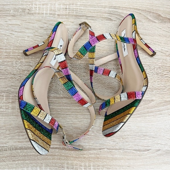 Nina Vanna Ankle Strap Evening Sandals Heels Rainbow Stripe Formal Size 8.5 - Picture 6 of 9